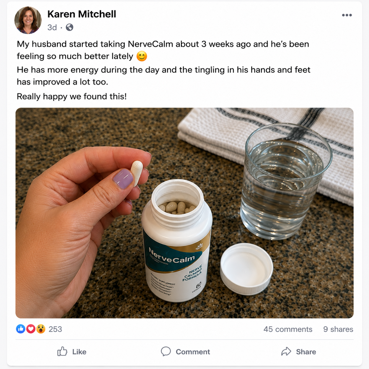 NerveCalm user sharing her experience on Facebook