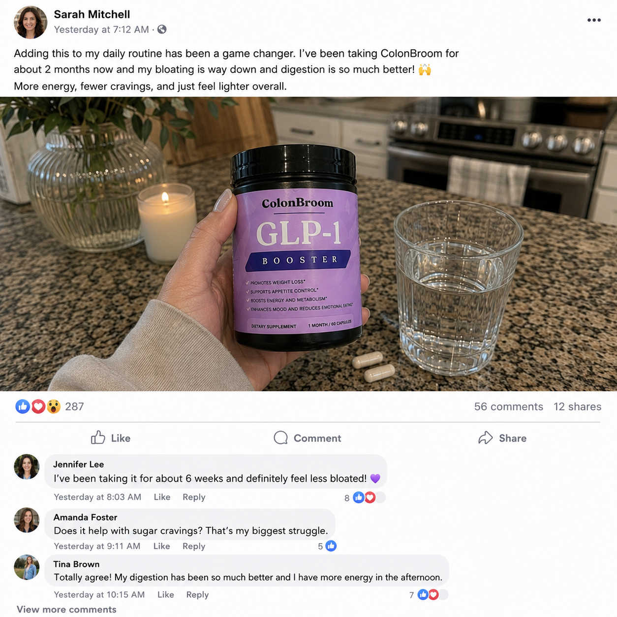 ColonBroom GLP-1 user sharing her experience on Facebook