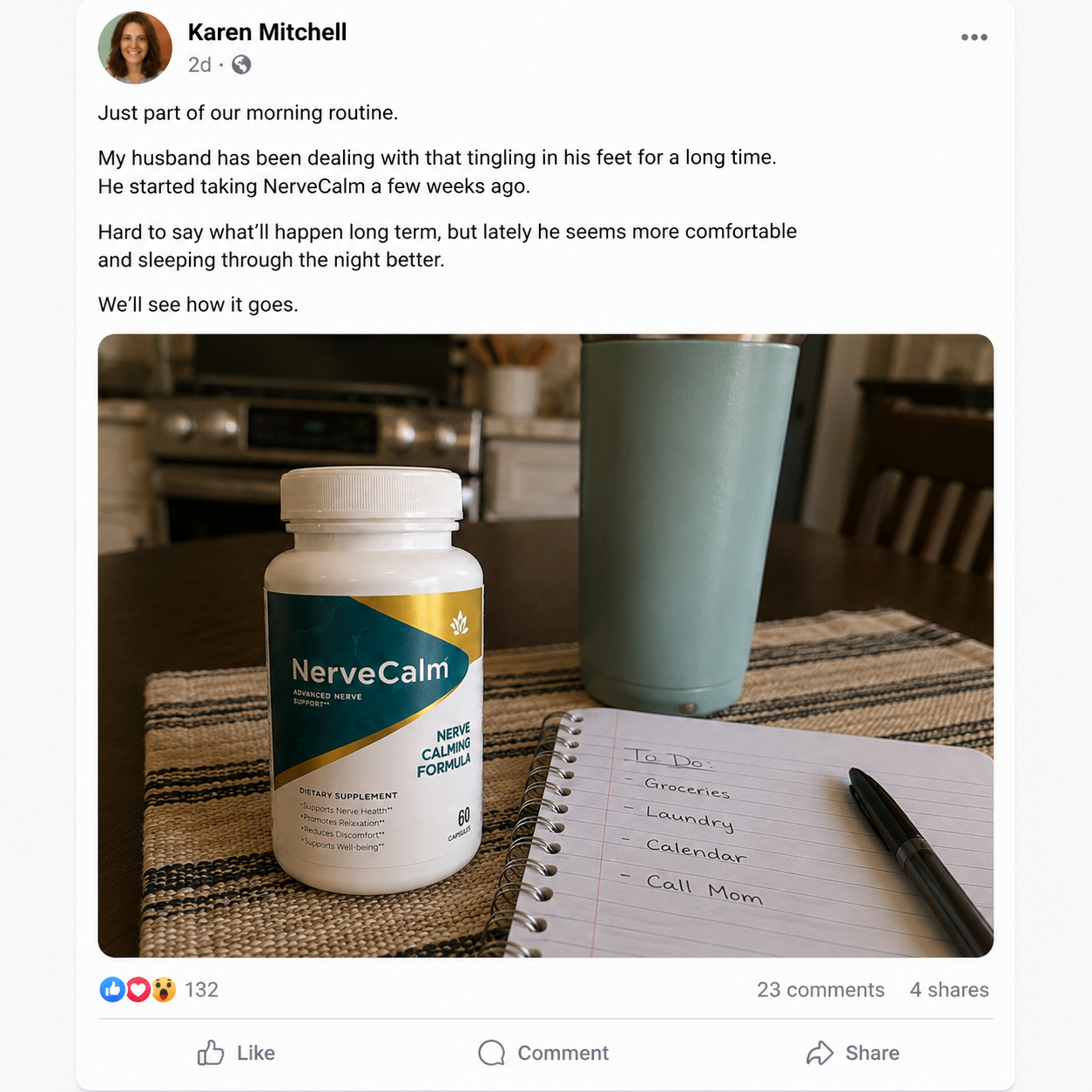 NerveCalm user sharing her experience on Facebook